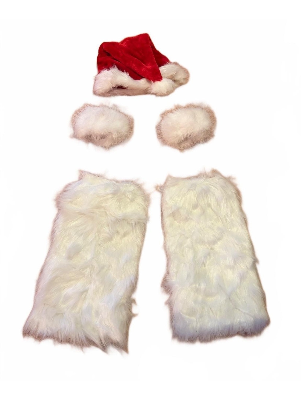 Santa Claus Costume Accessories Set - Red and White Faux Fur Hat, Cuffs, and Leg